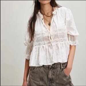 Free People Intimately Forever Young Bed Jacket Ruffle Lace tie Boho White